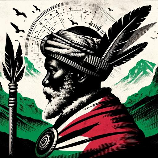 DALL·E 2024-02-21 art graphic representing Mohlomi in the 1820s, emphasizing his growth in power and influence during the Lifaqane conflict. Feature a silhoue